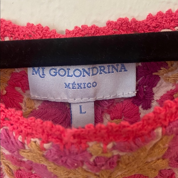 Mi Golondrina Pink Hand Embroidered Mexican Dress Size L Floral Yoke Boho Oaxaca - Picture 4 of 6